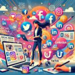 Illustration of a social media manager multitasking—writing content, designing graphics, and analyzing metrics—surrounded by floating icons of Facebook, Instagram, LinkedIn, TikTok, and X (Twitter). The scene blends the glamor of fashion and events with the hustle of digital marketing.