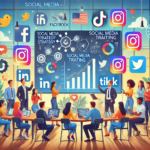 Illustration of a diverse group of professionals collaborating around a digital screen displaying social media strategies, charts, and engagement metrics, surrounded by floating icons of Facebook, Instagram, LinkedIn, TikTok, and X (Twitter), representing a dynamic social media training program.