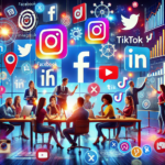 Illustration of a diverse marketing team brainstorming social media strategies, surrounded by floating icons of Facebook, Instagram, LinkedIn, TikTok, X (Twitter), and YouTube, with visual elements like analytics graphs and chat bubbles representing real-time engagement and short-form content.