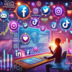 Illustration of a business owner or nonprofit leader analyzing brand awareness metrics on a digital dashboard, surrounded by floating social media icons including Facebook, Instagram, LinkedIn, TikTok, and X (Twitter), with charts and communication icons representing audience engagement and brand transparency.