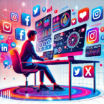 Illustration of a social media manager working at a desk with multiple screens displaying social media dashboards and analytics. Floating icons of Facebook, Instagram, LinkedIn, and X represent an active, dynamic social media strategy.