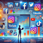 Illustration of a professional marketer analyzing social media trends on a digital screen, surrounded by floating icons of Facebook, Instagram, LinkedIn, X (Twitter), TikTok, and YouTube. The scene represents evolving digital marketing strategies and audience engagement.