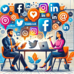 Illustration of a nonprofit leader and marketing consultant brainstorming social media content on a laptop. Floating icons of Facebook, Instagram, LinkedIn, and X surround them, symbolizing digital strategy and audience engagement.