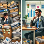 Split-screen image showing a nonprofit leader before and after hiring a fractional CMO. Left side: stressed leader overwhelmed by paperwork and tasks. Right side: same leader calm and productive, working with a fractional CMO on a laptop in an organized office.