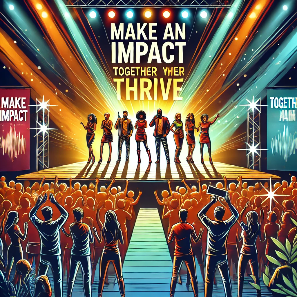 Illustration of a diverse nonprofit team standing on a concert stage like rockstars, engaging with an enthusiastic crowd of supporters, with motivational banners in the background.