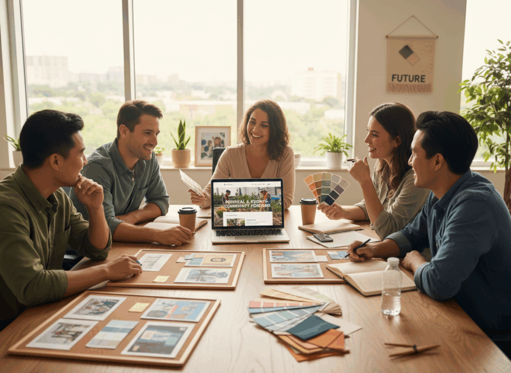 A modern nonprofit office setting with a diverse team gathered around a conference table, reviewing brand strategy materials. On the table are mood boards, color swatches, and a laptop showing a clean, professional nonprofit website. Warm, natural lighting. The mood is collaborative, hopeful, and professional. Photorealistic style, shallow depth of field. The image conveys renewal, strategy, and forward momentum.